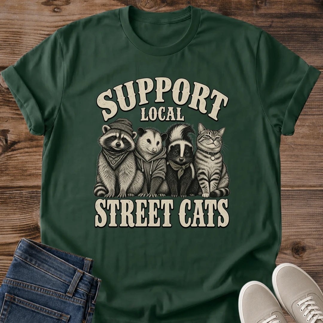 Support Local Street Cats Shirt Forest Green Funny Street Cat Meme Tee Tabby Cat With Raccoon Opossum And Skunk Graphic Vintage Cream Ink Shirt Neighborhood Night Crew Tee Cat Lover Gift Gildan 64000 Softstyle Unisex Cat Whisker Co
