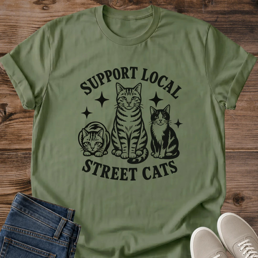 Vintage Cat Tee Hand Inked Street Cat Illustration Shirt Three Cats Design Fine Line Artwork Celestial Details Worn Concrete Texture Print Cat Lover Apparel Soft Lightweight Fabric Animal Rescue Gift Support Street Cats Tee Casual Everyday