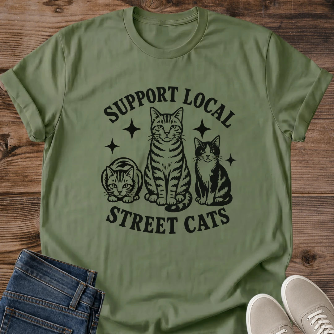 Vintage Cat Tee Hand Inked Street Cat Illustration Shirt Three Cats Design Fine Line Artwork Celestial Details Worn Concrete Texture Print Cat Lover Apparel Soft Lightweight Fabric Animal Rescue Gift Support Street Cats Tee Casual Everyday