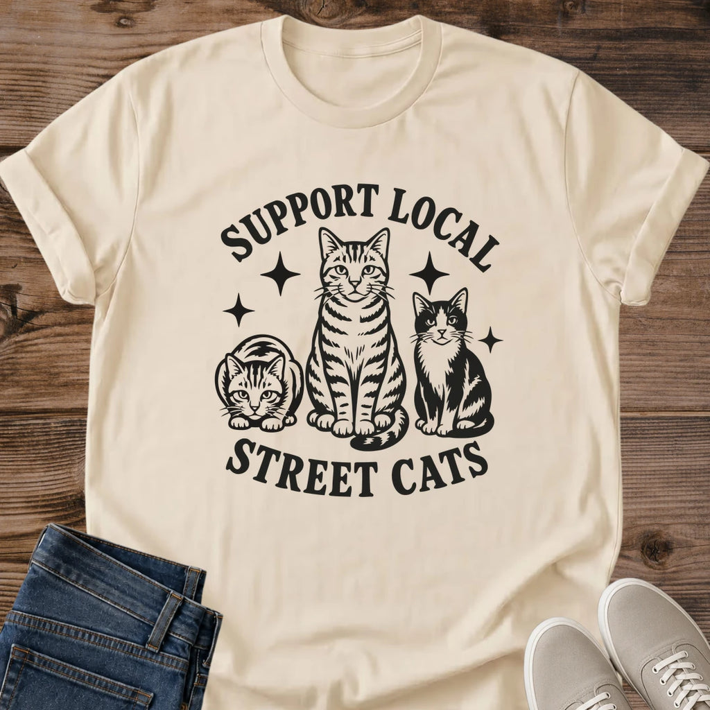 Cat Lover Gift Shirt Vintage Street Cat Design Support Local Rescue Tee Hand Inked Illustration Three Cats Artwork Soft Lightweight Fabric Casual Everyday Wear Animal Advocacy Apparel Celestial Details Worn Texture Print Cat Enthusiast