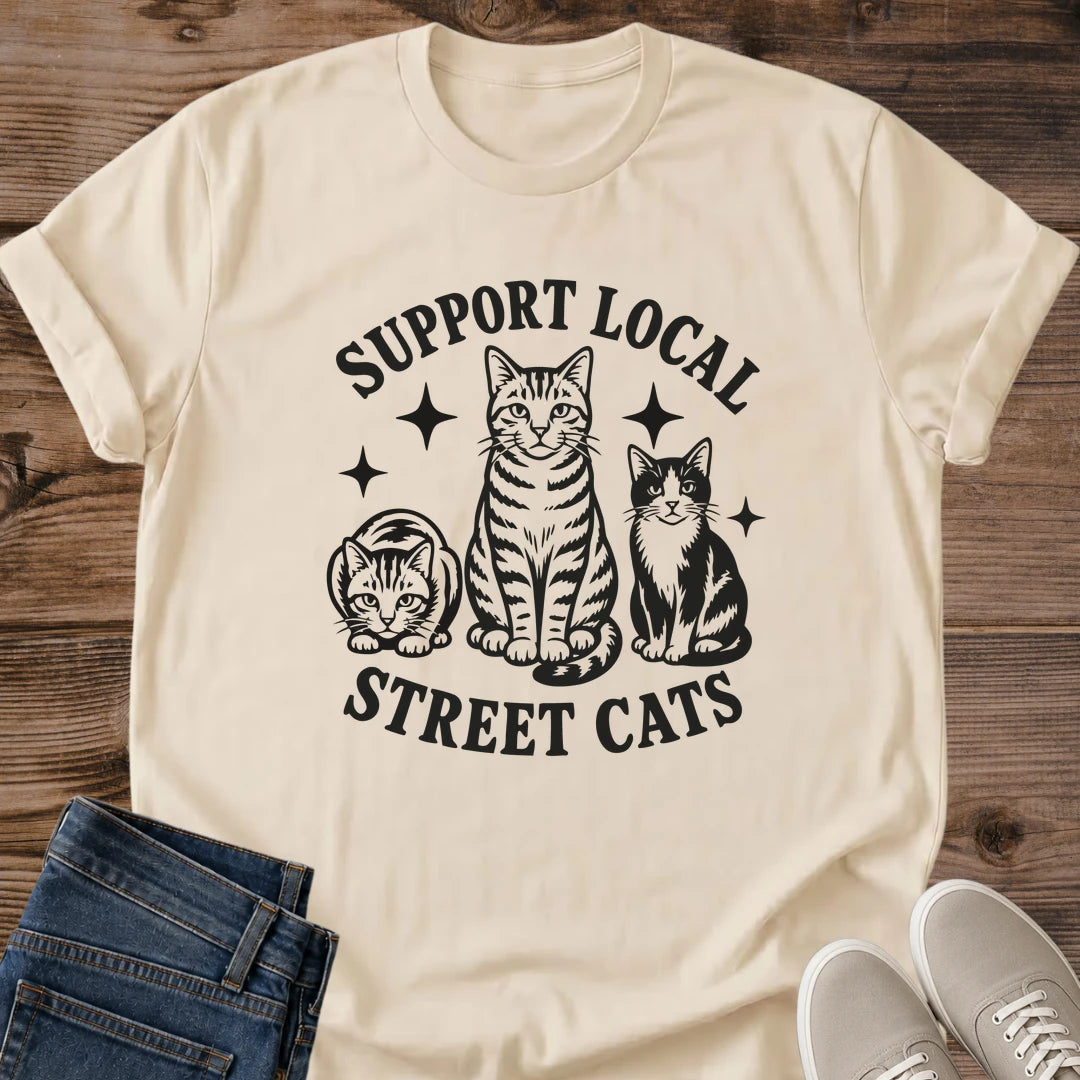 Cat Lover Gift Shirt Vintage Street Cat Design Support Local Rescue Tee Hand Inked Illustration Three Cats Artwork Soft Lightweight Fabric Casual Everyday Wear Animal Advocacy Apparel Celestial Details Worn Texture Print Cat Enthusiast