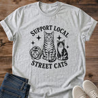 Street Cat Design Shirt Support Local Cats Vintage Illustration Tee Neighborhood Story Apparel Hand Inked Three Cat Art Worn Texture Details Celestial Accent Design Animal Lover Gift Soft Fabric Rescue Advocacy Shirt Casual Wear Cat
