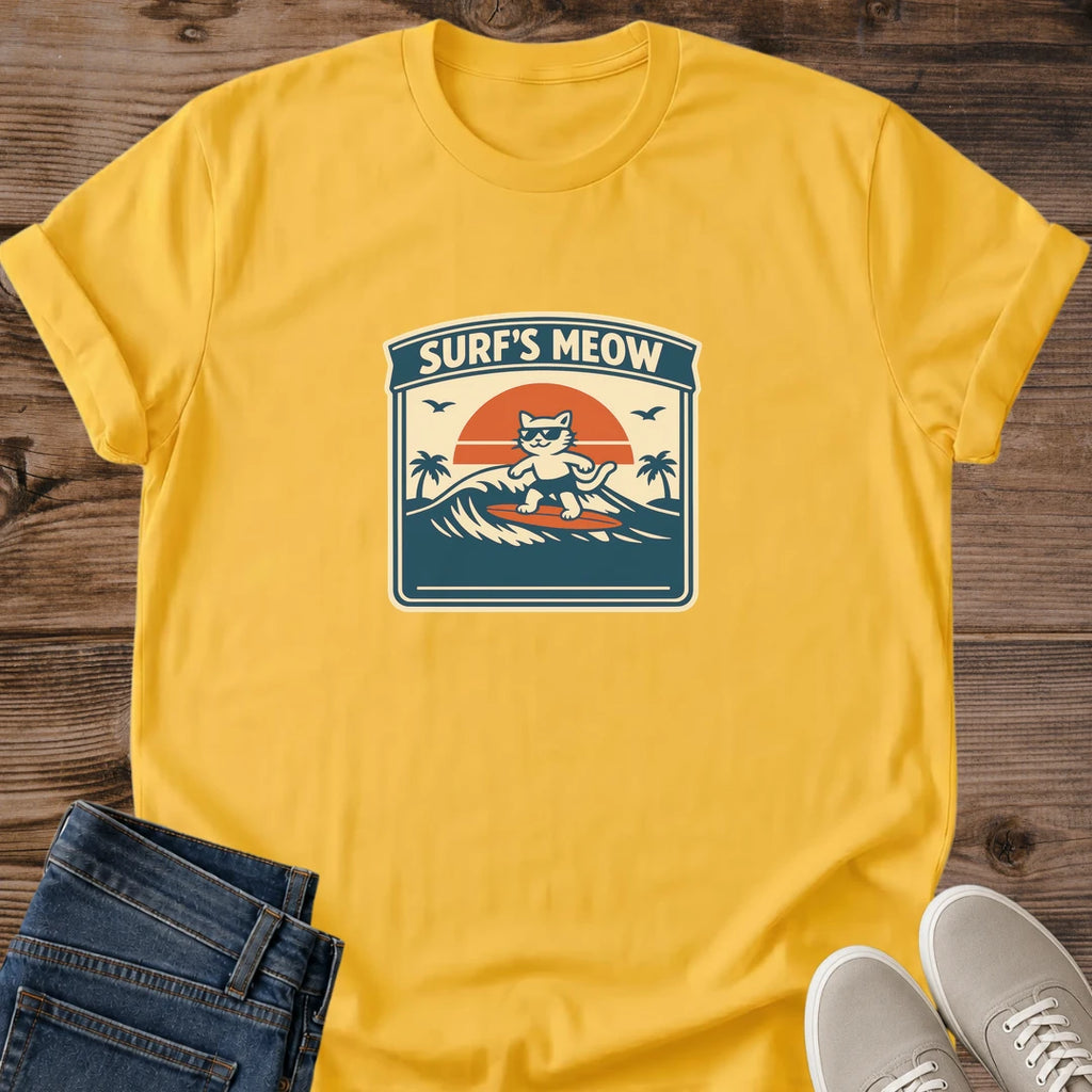 Vintage Surf Shirt Cat Surfing Design Retro Beach Tee Orange Tabby Graphic Funny Cat Lover Tshirt Sunset Wave Pattern Teal Coral Pink Colors Natural Sand Base Unisex Cotton Blend Soft Comfortable Fabric Beach Themed Apparel Summer Casual