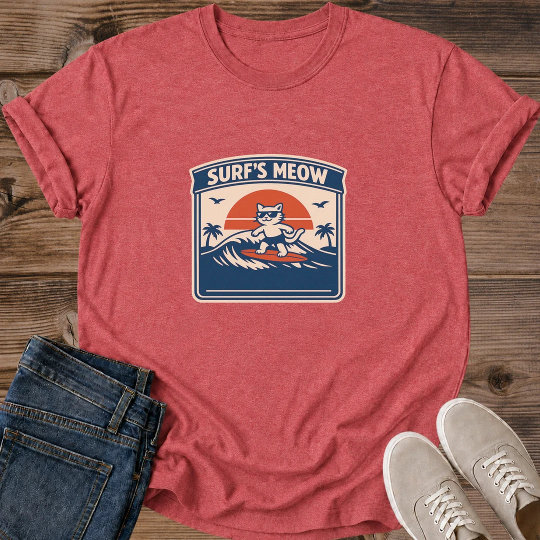 Orange Tabby Cat Surfing Tshirt Retro Beach Design Vintage Surf Graphic Funny Cat Lover Gift Sunset Wave Pattern Natural Sand Tee Teal Coral Pink Palette Soft Cotton Fabric Unisex Comfort Fit Beach Lifestyle Shirt Summer Vacation Wear