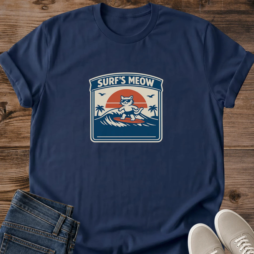 Retro Beach Tee Vintage Surf Shirt Cat Surfing Design Orange Tabby Graphic Funny Animal Tshirt Sunset Wave Pattern Teal Coral Pink Colors Natural Sand Base Soft Cotton Blend Cat Lover Gift Beach Themed Apparel Summer Casual Wear Unisex