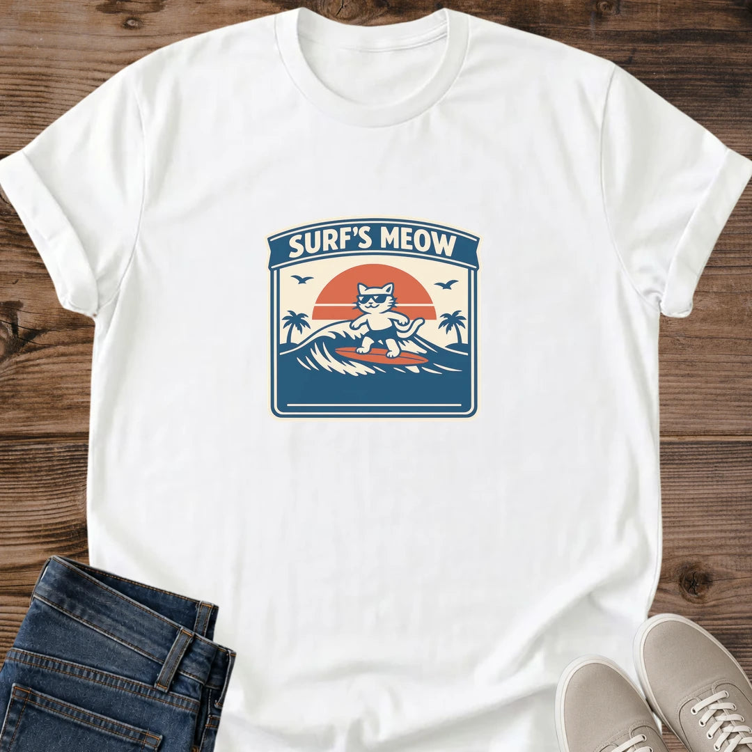 Funny Cat Tshirt Orange Tabby Surfing Design Retro Beach Shirt Vintage Surf Graphic Sunset Wave Pattern Cat Lover Gift Unisex Cotton Tee Natural Sand Color Teal Coral Pink Palette Soft Lightweight Fabric Beach Lifestyle Wear Summer Vacation
