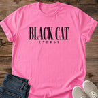 Witchy Black Cat Tee Minimalist Vintage Serif Black Cat Energy Wording Distressed Typographic Print Soft Ring Spun Cotton Relaxed Fit Aesthetic Cat Lover Gift Trendy Spooky Season Apparel Everyday Casual Cat Owner Statement Shirt