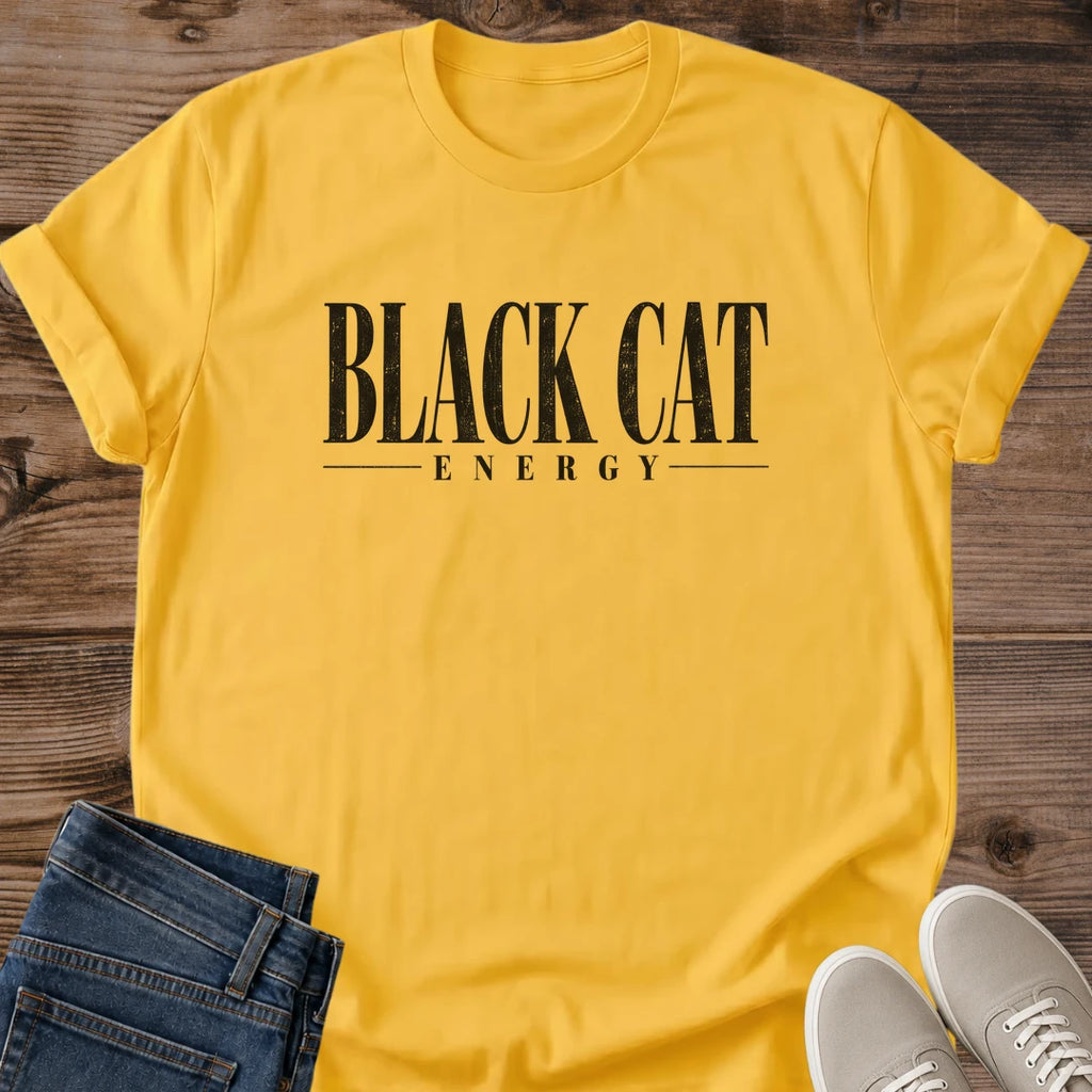 Black Cat Shirt Minimalist Vintage Black Cat Energy Tee Bold Distressed Serif Lettering Text Only Design Aesthetic Cat Lover Gift Soft Ring Spun Cotton Relaxed Fit Trendy Witchy Cat Owner Apparel Everyday Casual Statement Piece