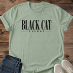 Aesthetic Cat Shirt Minimalist Black Cat Energy Design Bold Serif Text Distressed Print Trendy Cat Lover Gift Soft Cotton Comfy Fit Vintage Witchy Cat Tee Everyday Casual Wear Cute Black Cat Owner Statement Apparel Fall Vibe Shirt