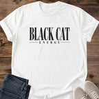 Aesthetic Cat Shirt Minimalist Black Cat Energy Design Bold Serif Text Distressed Print Trendy Cat Lover Gift Soft Cotton Comfy Fit Vintage Witchy Cat Tee Everyday Casual Wear Cute Black Cat Owner Statement Apparel Fall Vibe Shirt