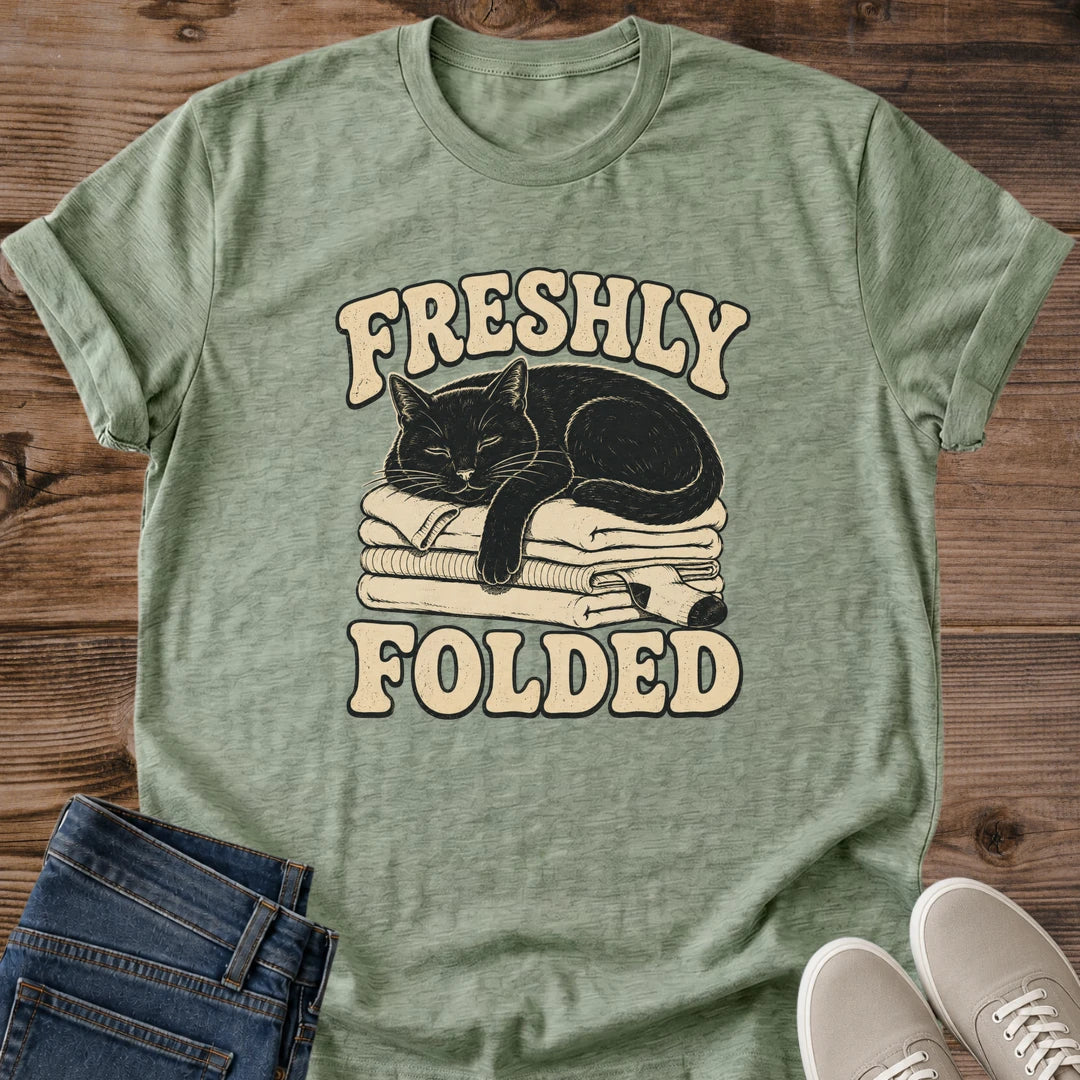 Cozy Cat Shirt Freshly Folded Funny Laundry Graphic Tee Black Cat Curled On Clothes Vintage Design Cat Mom Gift Comfortable Softstyle Cotton Casual Everyday Wear Laundry Day Cat Tee