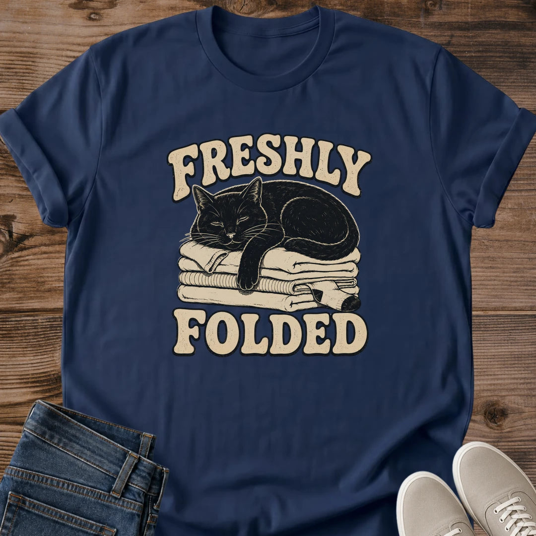 Cozy Cat Shirt Freshly Folded Funny Laundry Graphic Tee Black Cat Curled On Clothes Vintage Design Cat Mom Gift Comfortable Softstyle Cotton Casual Everyday Wear Laundry Day Cat Tee
