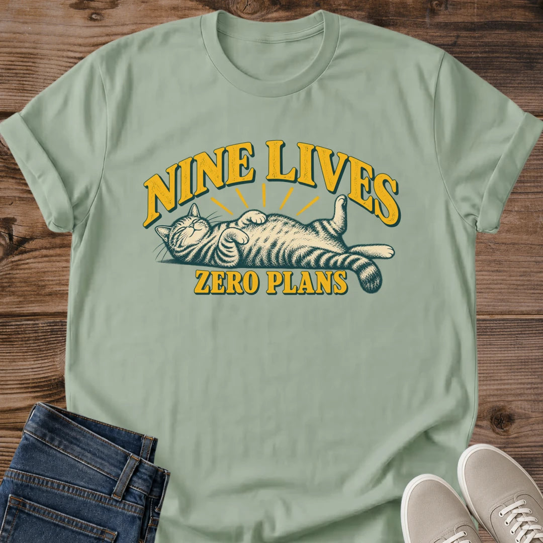 Vintage Cat Lover Tee Nine Lives Zero Plans Sleepy Cat Badge Design Cotton Cat Dad Gift Shirt Retro Aesthetic Softstyle Ring Spun Fabric Relaxed Retail Fit Casual Weekend Layering Statement Piece Everyday Wear For Home