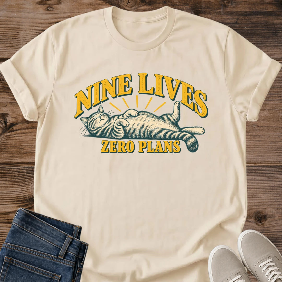 Relaxed Cat Tee Nine Lives Zero Plans Vintage Badge Design Cat Lover Gift For Her Softstyle Cotton Comfortable Relaxed Fit Casual Weekend Wear Retro Print Cat Mom Statement Apparel Everyday Layering Piece For Fun And Fall