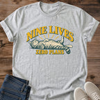 Relaxed Cat Tee Nine Lives Zero Plans Vintage Badge Design Cat Lover Gift For Her Softstyle Cotton Comfortable Relaxed Fit Casual Weekend Wear Retro Print Cat Mom Statement Apparel Everyday Layering Piece For Fun And Fall