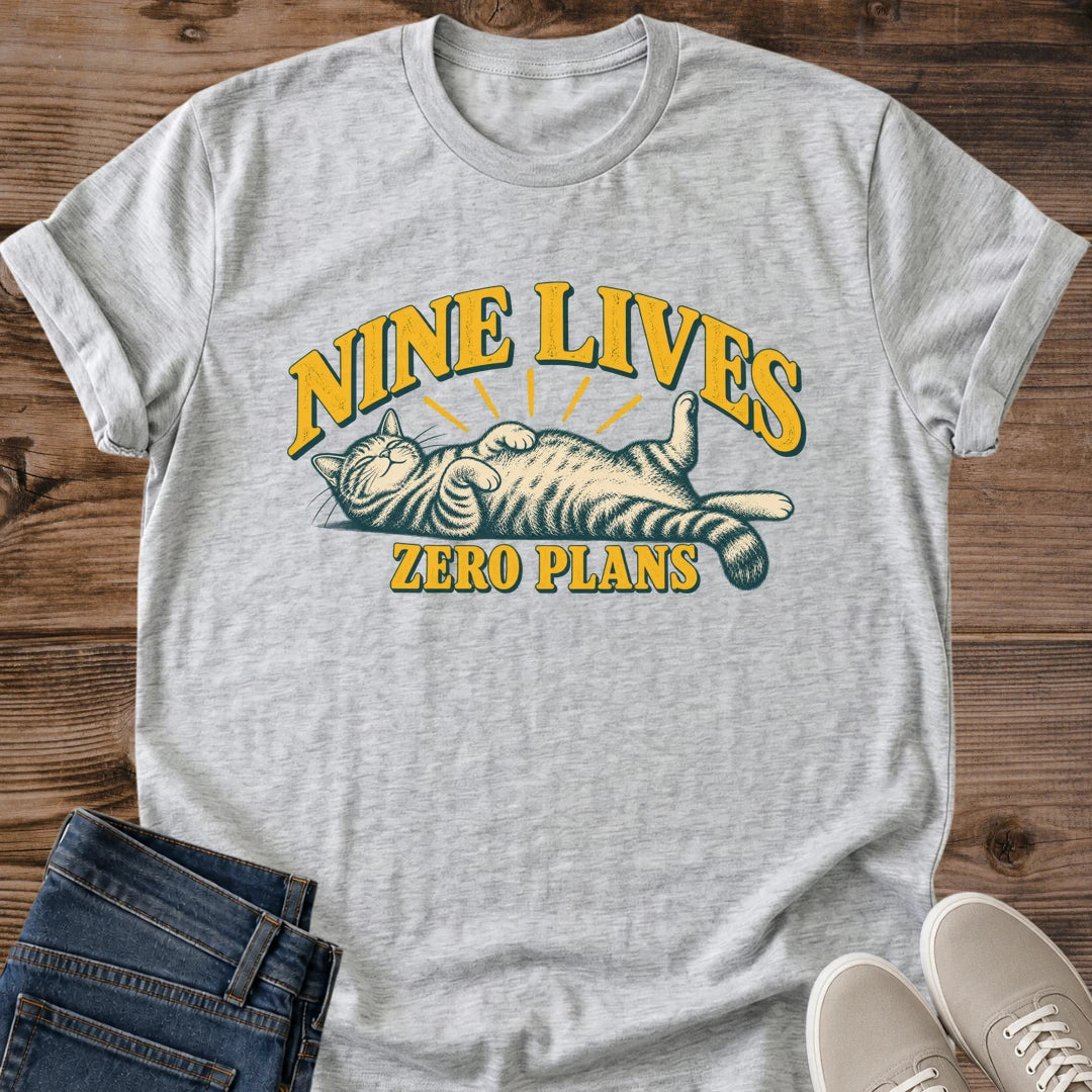 Relaxed Cat Tee Nine Lives Zero Plans Vintage Badge Design Cat Lover Gift For Her Softstyle Cotton Comfortable Relaxed Fit Casual Weekend Wear Retro Print Cat Mom Statement Apparel Everyday Layering Piece For Fun And Fall