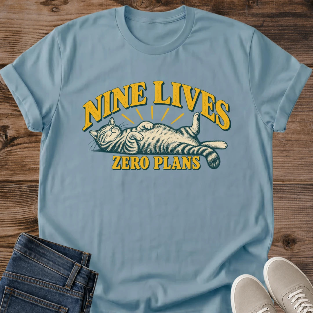 Laid Back Cat Shirt Nine Lives Zero Plans Sleepy Cat Graphic Tee Gift Idea Ring Spun Cotton Soft Breathable Fabric Relaxed Unisex Fit Retro Print Design Cat Person Apparel Casual Everyday Wear Statement Piece Great Gift