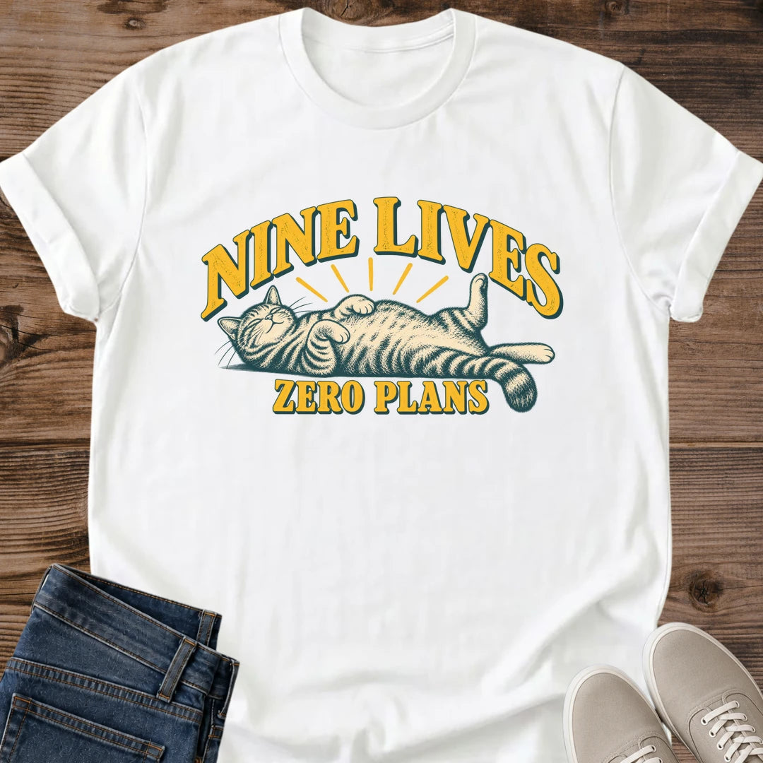Laid Back Cat Shirt Nine Lives Zero Plans Sleepy Cat Graphic Tee Gift Idea Ring Spun Cotton Soft Breathable Fabric Relaxed Unisex Fit Retro Print Design Cat Person Apparel Casual Everyday Wear Statement Piece Great Gift