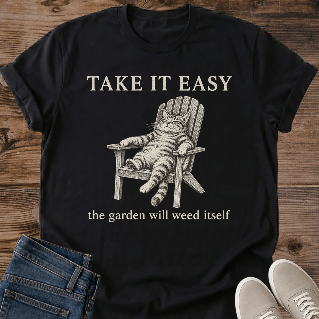 Take It Easy The Garden Will Weed Itself Cat Shirt Black Funny Gardening Tee Relaxed Tabby Cat In Adirondack Chair Graphic Vintage Cat Shirt Lazy Gardener Gift Cat Mom Tee Retirement Gift Gildan 64000 Softstyle Unisex Cat Whisker Co