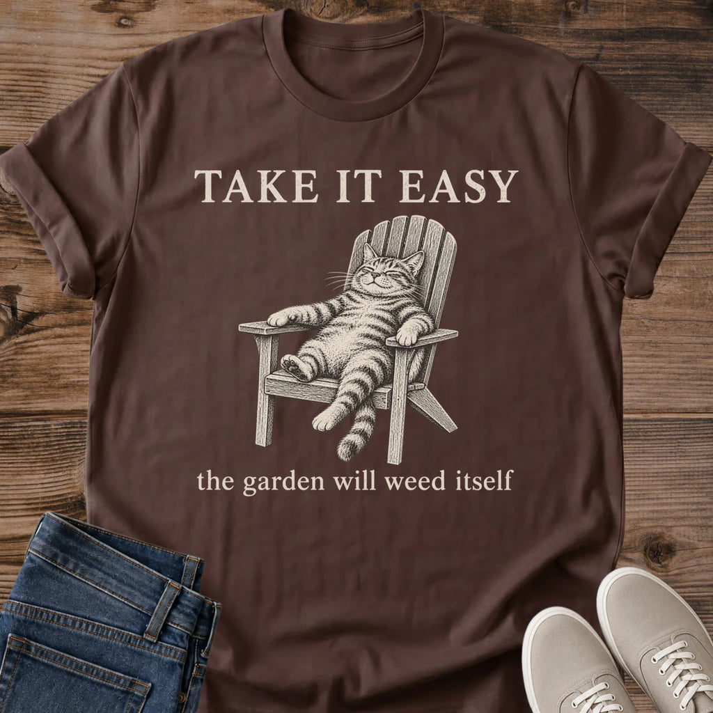 Lazy Gardener Shirt Take It Easy Funny Cat Tee Hand Drawn Tabby Cat Sketch Cream Ink Adirondack Chair Graphic Cat Owner Shirt Gift For Gardeners Weekend Mode Tee Relaxation Cat Shirt Unisex Ringspun Cotton Shirt Cat Whisker Co