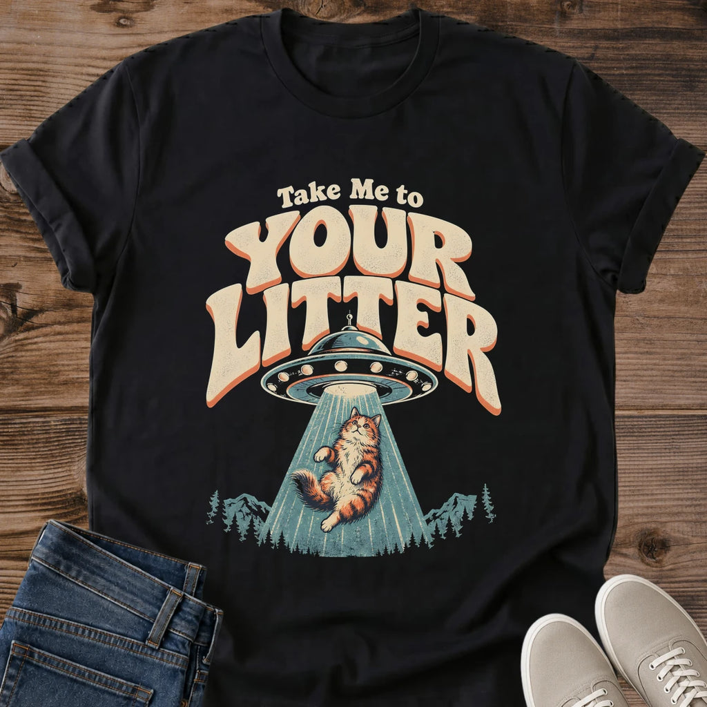 Take Me To Your Litter Shirt Black Funny Alien Cat Tee Tabby Cat Abducted By UFO Beam Graphic Retro Sci Fi Cat Shirt Alien Abduction Humor Tee Space Cat Lover Gift Flying Saucer Tee Gildan 64000 Softstyle Unisex Cat Whisker Co