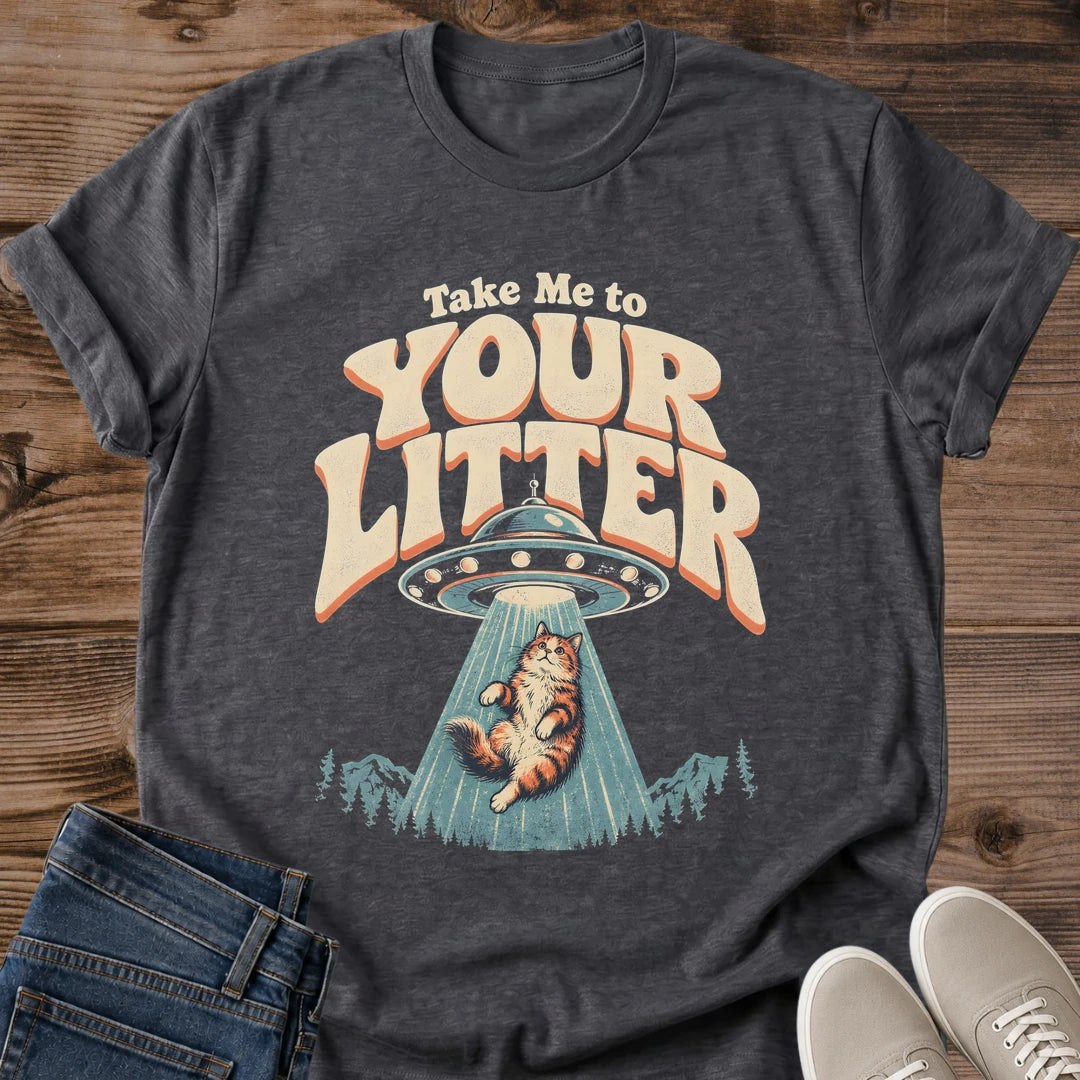 Cat Lover Gift Take Me To Your Litter Shirt Funny UFO Cat Tee Vintage Alien Graphic Birthday Gift For Cat Owner Christmas Gift For Cat Dad Sci Fi Fan Gift Cat Person Tee Halloween Alien Cat Shirt Gildan Softstyle Cotton Tee Cat Whisker Co