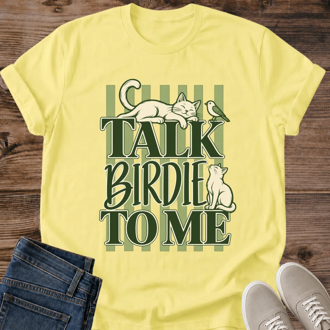 Talk Birdie To Me Cat Shirt Light Pink Funny Bird Watching Cat Tee Cats Eyeing A Little Bird Graphic Retro Striped Lettering Cat Shirt Cat Chattering At Birds Tee Cat Mom Gift Window Cat Gildan 64000 Softstyle Unisex Cat Whisker Co