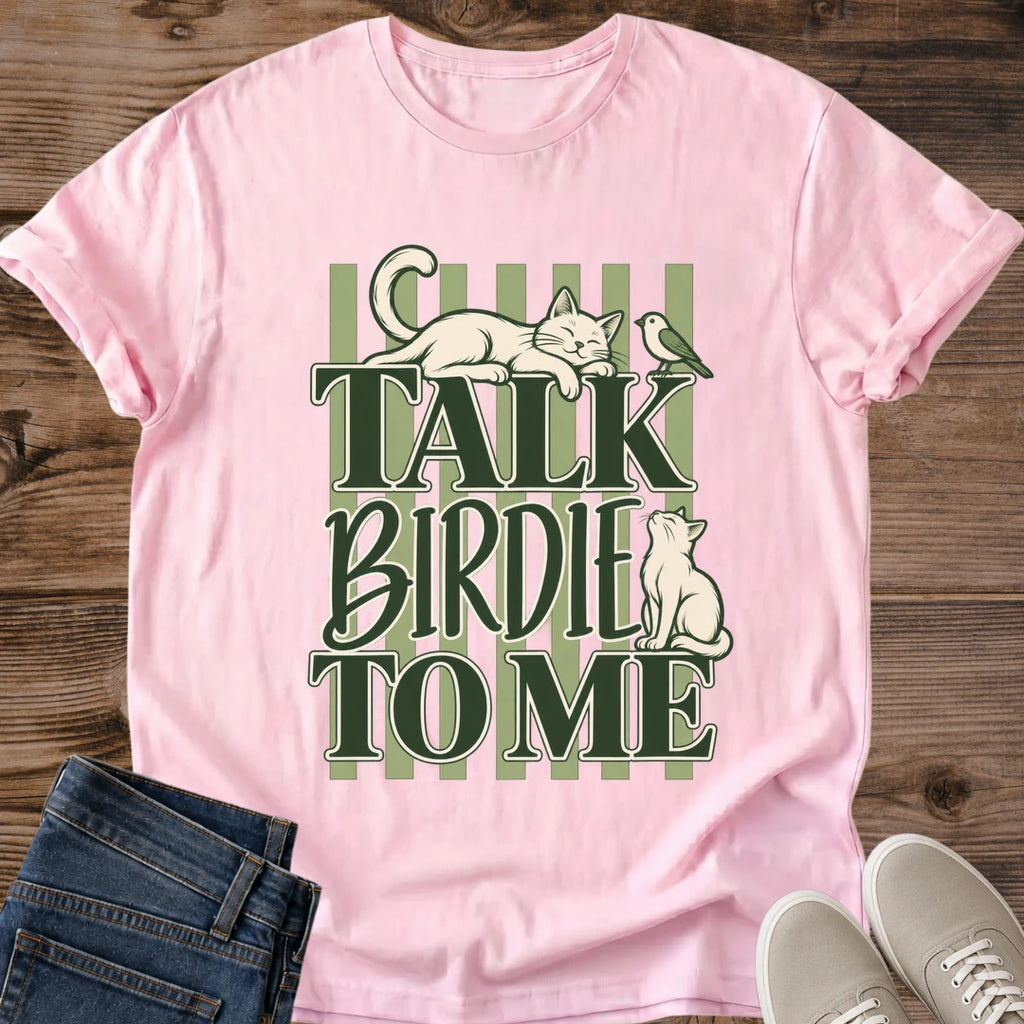 Bird Watching Cat Shirt Talk Birdie To Me Tee Lounging Cream Cat And Curious Kitten Watching Bird Illustration Green Striped Retro Design Funny Cat Pun Shirt Cat Owner Gift For Her Cat Dad Tee Soft Cotton Unisex Shirt Cat Whisker Co Light Pink
