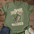 Closed Door Cat Shirt The Door Was Closed Tee Desperate Tabby Pawing At Door Illustration Retro Condensed Lettering Funny Cat Dad Shirt Cat Owner Gift For Her Bathroom Door Cat Humor Tee Soft Cotton Unisex Shirt Cat Whisker Co