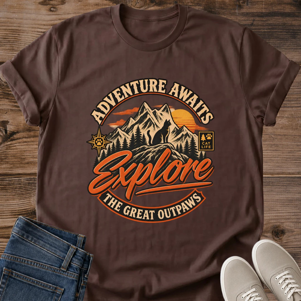 Cat Lover Gift Adventure Awaits Cat Shirt Explore Outdoors Tee Vintage Mountain Graphic Hiking Gift For Cat Owner Birthday Gift For Cat Mom Christmas Gift For Cat Dad Camping Lover Gift Cat Person Tee Gildan Softstyle Cotton Tee Cat Whisker Co