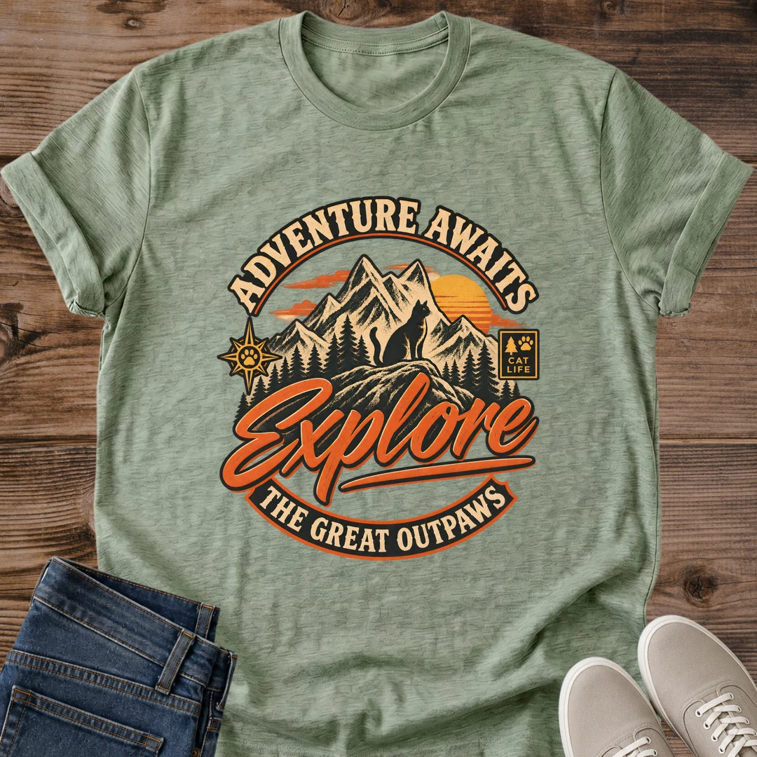 Hiking Cat Shirt The Great Outpaws Tee Sunset Mountains And Pine Trees Badge Illustration Bold Explore Script Lettering Adventure Cat Owner Gift For Her Cat Dad Tee Trail Lover Shirt Soft Cotton Unisex Shirt Cat Whisker Co