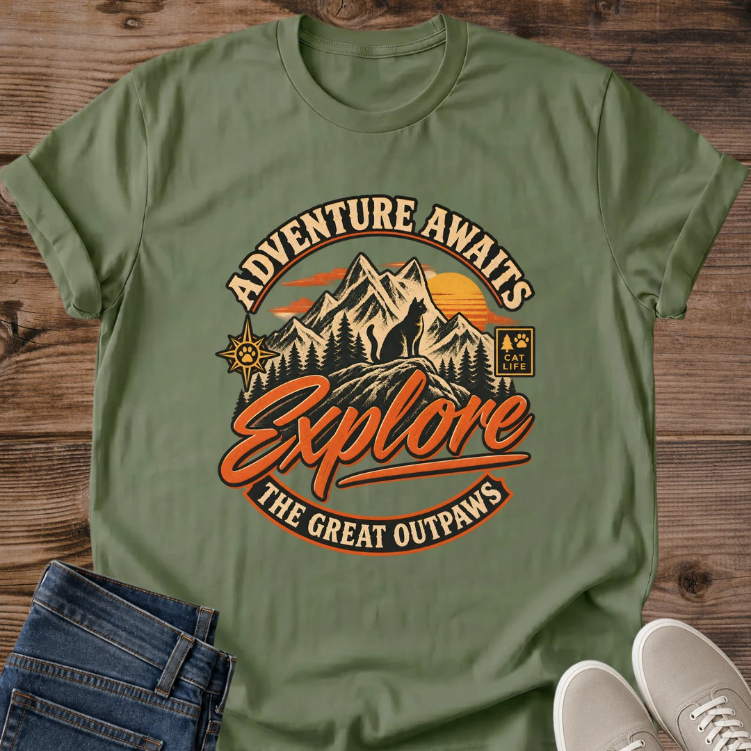 Hiking Cat Shirt The Great Outpaws Tee Sunset Mountains And Pine Trees Badge Illustration Bold Explore Script Lettering Adventure Cat Owner Gift For Her Cat Dad Tee Trail Lover Shirt Soft Cotton Unisex Shirt Cat Whisker Co