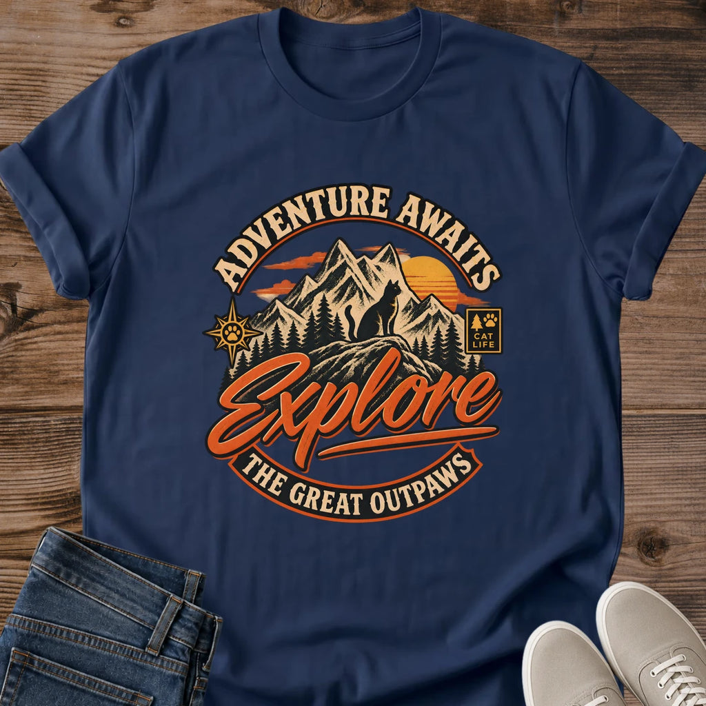 Adventure Cat Shirt The Great Outpaws Funny Outdoor Tee Retro Mountain Range Emblem With Compass Graphic Cat Owner Shirt Gift For Cat Lovers Leash Trained Cat Tee Road Trip Shirt Unisex Ringspun Cotton Shirt Cat Whisker Co