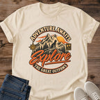 Adventure Awaits Explore The Great Outpaws Shirt Sand Adventure Cat Tee Mountain Badge Graphic Retro Hiking Cat Shirt Outdoor Cat Lover Gift National Park Style Tee Cat Dad Gift Gildan 64000 Softstyle Unisex Cat Whisker Co