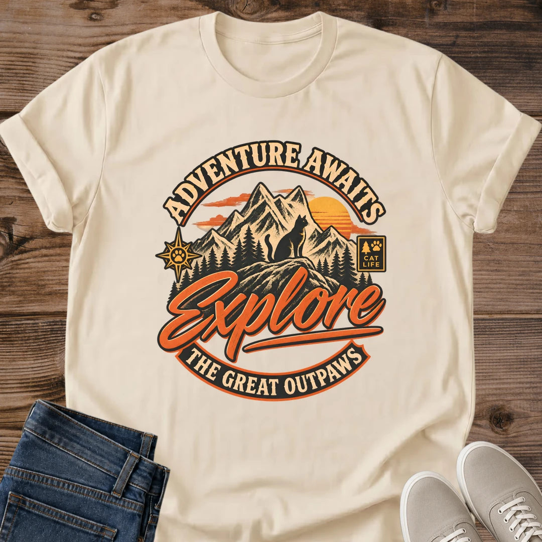 Adventure Awaits Explore The Great Outpaws Shirt Sand Adventure Cat Tee Mountain Badge Graphic Retro Hiking Cat Shirt Outdoor Cat Lover Gift National Park Style Tee Cat Dad Gift Gildan 64000 Softstyle Unisex Cat Whisker Co