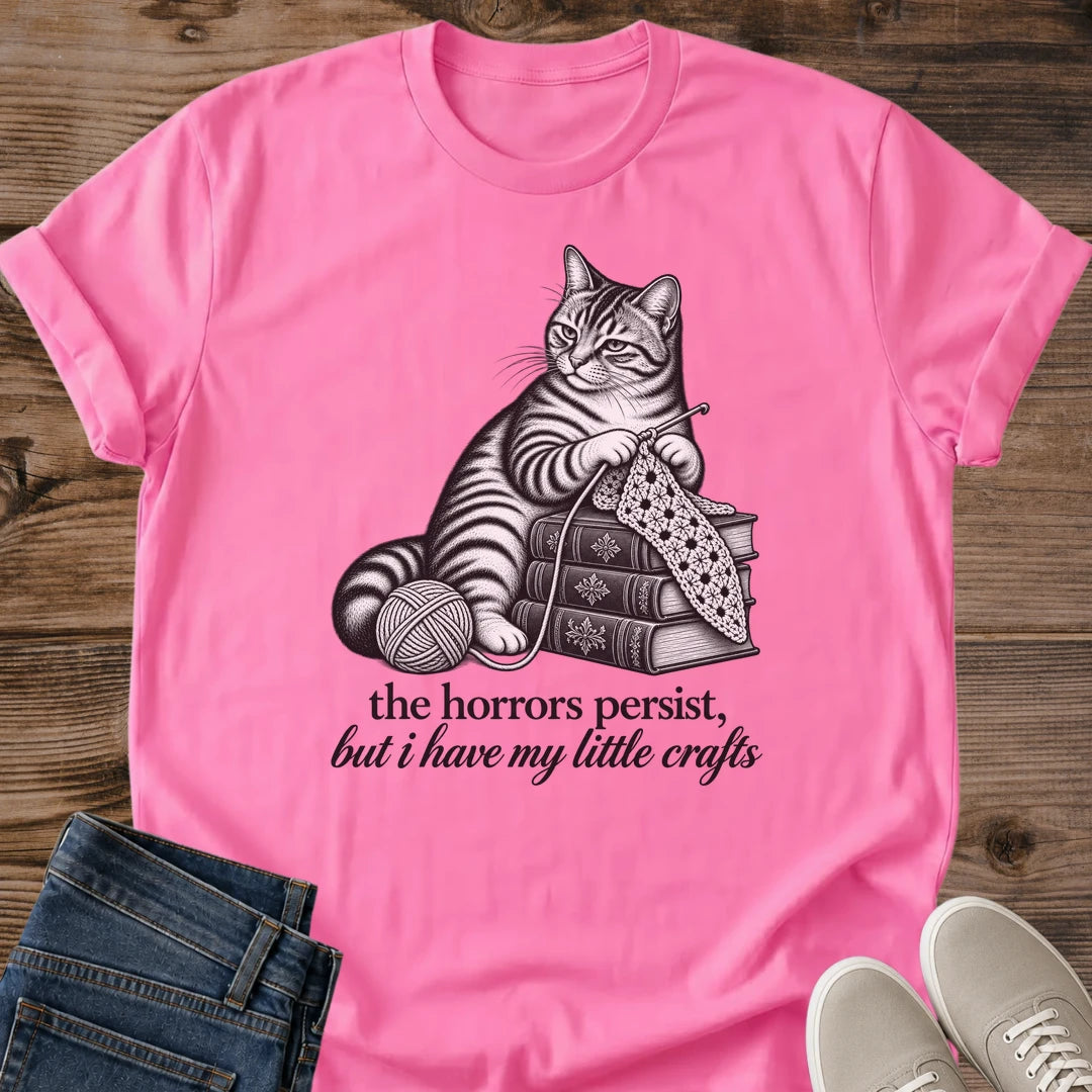 Crochet Cat Shirt But I Have My Little Crafts Meme Tee Hand Drawn Tabby Knitting Sketch Black Ink Etching Style Graphic Cat Owner Shirt Gift For Cat Lovers Cozy Hobby Tee Existential Humor Shirt Unisex Ringspun Cotton Shirt Cat Whisker Co