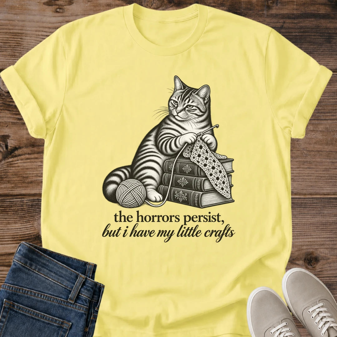 Knitter Gift The Horrors Persist Cat Shirt Funny Crochet Tee Vintage Crafting Cat Graphic Birthday Gift For Knitter Christmas Gift For Cat Mom Craft Lover Gift Cat Person Tee Bookish Cat Shirt Gildan Softstyle Cotton Tee Cat Whisker Co