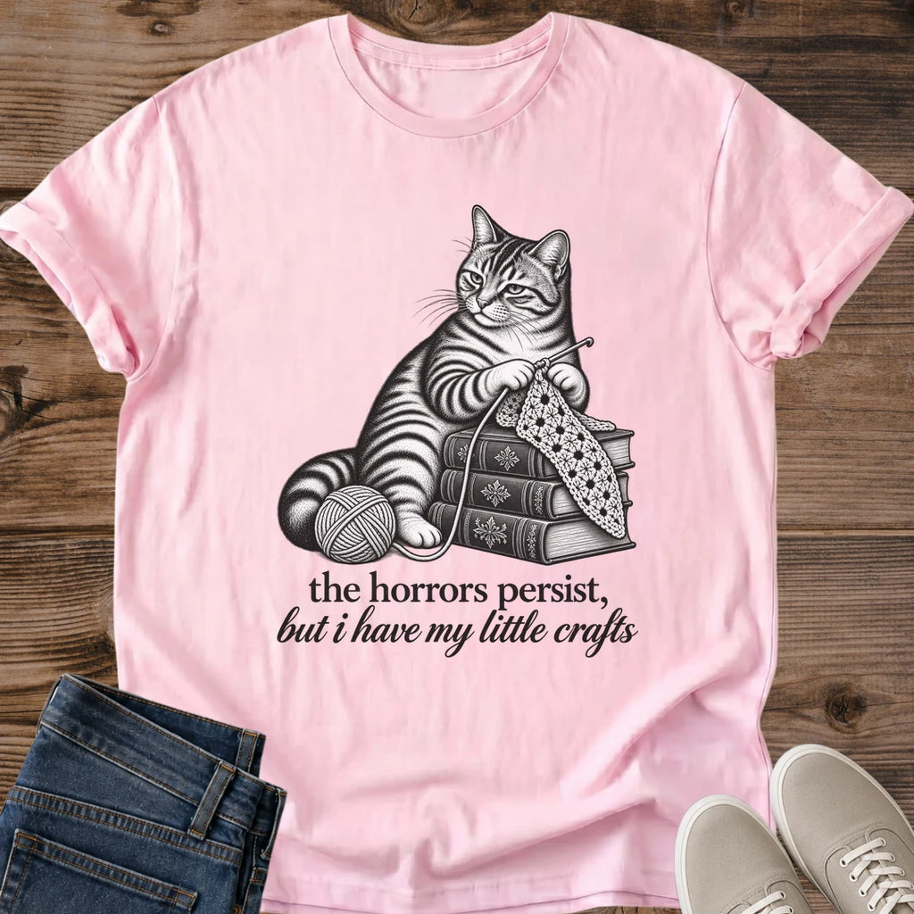 Knitting Cat Shirt Little Crafts Tee Cat With Knitting Needles And Yarn Ball Pencil Illustration Elegant Script Text Funny Crafter Shirt Cat Owner Gift For Her Yarn Lover Tee Fiber Arts Gift Soft Cotton Unisex Shirt Cat Whisker Co