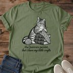 Knitting Cat Shirt Little Crafts Tee Cat With Knitting Needles And Yarn Ball Pencil Illustration Elegant Script Text Funny Crafter Shirt Cat Owner Gift For Her Yarn Lover Tee Fiber Arts Gift Soft Cotton Unisex Shirt Cat Whisker Co
