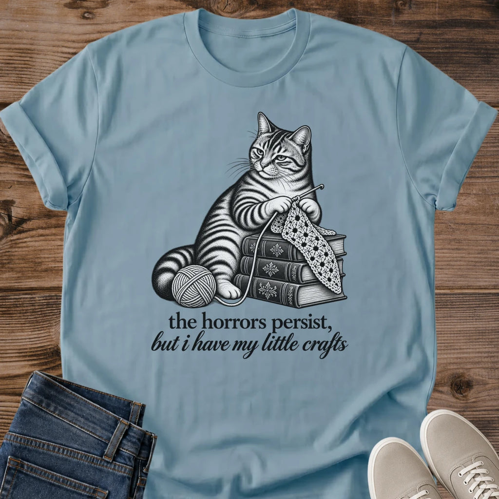 Knitter Gift The Horrors Persist Cat Shirt Funny Crochet Tee Vintage Crafting Cat Graphic Birthday Gift For Knitter Christmas Gift For Cat Mom Craft Lover Gift Cat Person Tee Bookish Cat Shirt Gildan Softstyle Cotton Tee Cat Whisker Co