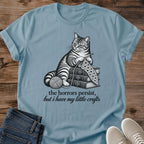 Knitter Gift The Horrors Persist Cat Shirt Funny Crochet Tee Vintage Crafting Cat Graphic Birthday Gift For Knitter Christmas Gift For Cat Mom Craft Lover Gift Cat Person Tee Bookish Cat Shirt Gildan Softstyle Cotton Tee Cat Whisker Co