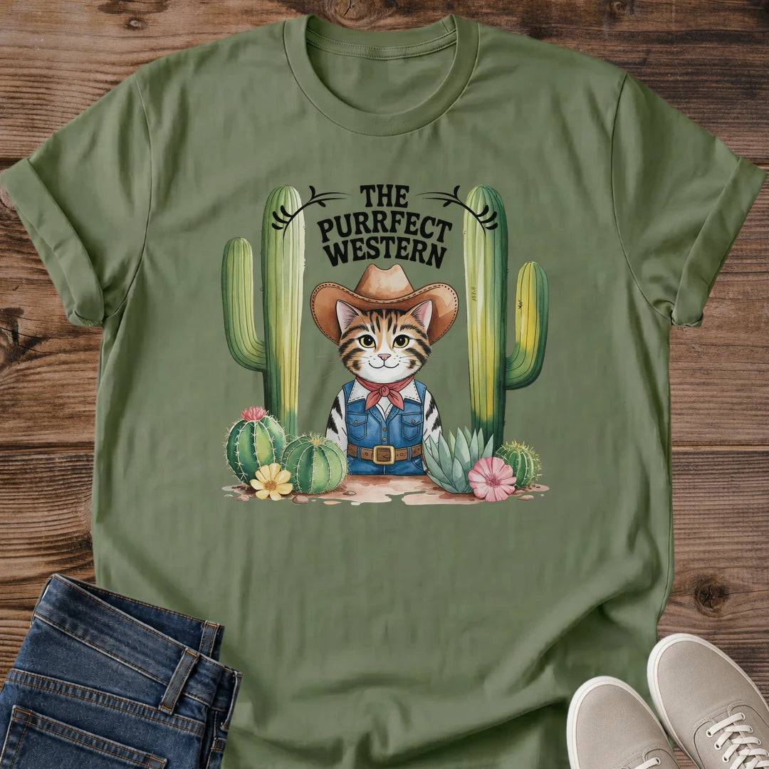 Casual Comfort Shirt Funny Cat Graphic Western Cowboy Design Tee Humorous Fashion Statement Cat Lover Apparel Novelty Gift Collection Bold Print Design Everyday Wear Choice Comfortable Cotton Blend Unique Style Statement Birthday Gift Idea