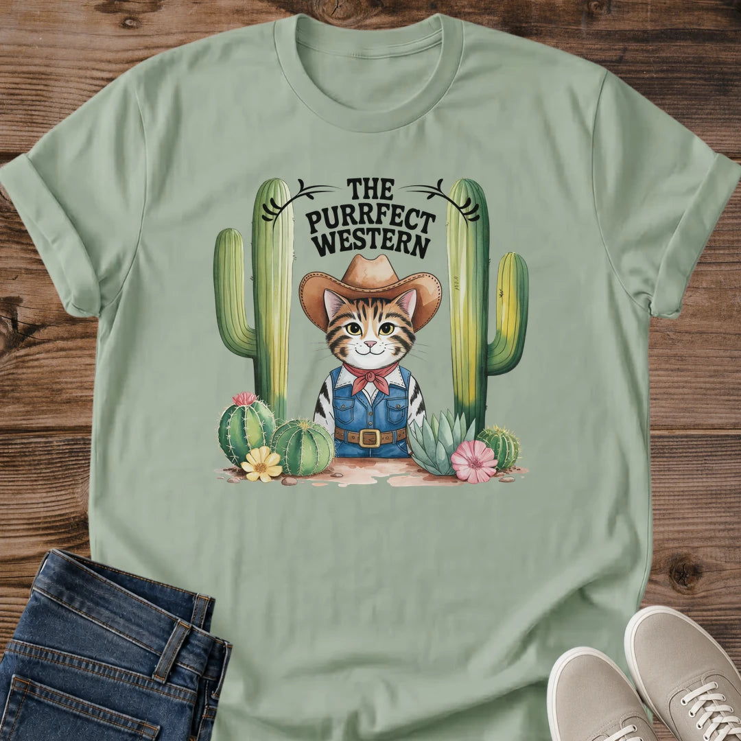 Funny Cat Shirt Western Theme Graphic Tee Cowboy Design Cat Lover Apparel Novelty Gift Collection Casual Wear Statement Piece Humorous Fashion Choice Bold Design Cat Owner Present Birthday Gift Idea Comfortable Cotton Blend Everyday Casual
