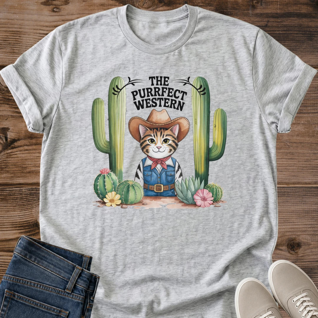 Novelty Graphic Tee Funny Cat Design Western Cowboy Theme Shirt Cat Lover Clothing Collection Casual Wear Statement Apparel Gift Idea Birthday Present Humorous Fashion Print Bold Design Choice Comfortable Cotton Shirt Everyday Casual Style