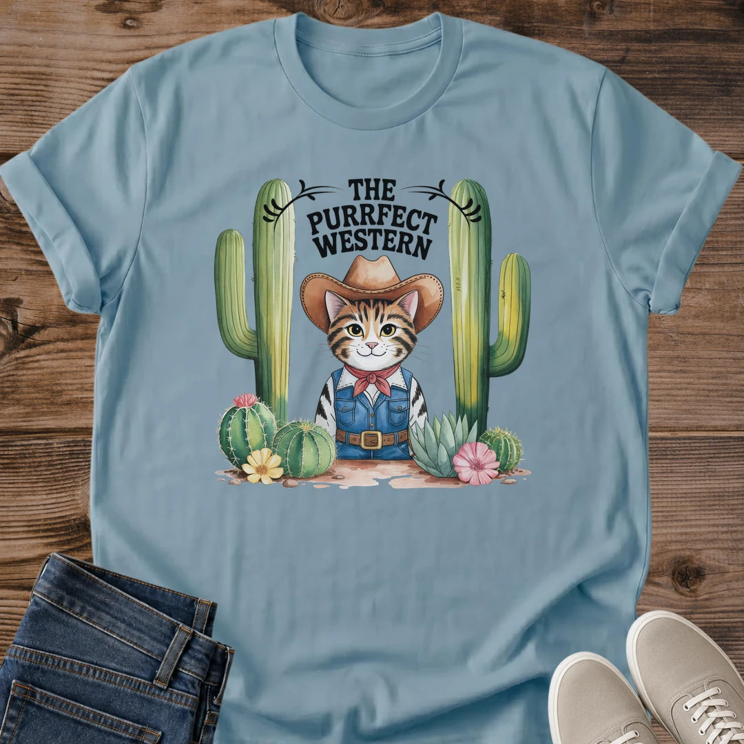 Western Theme Shirt Cowboy Cat Design Graphic Tee Collection Casual Wear Apparel Cat Enthusiast Gift Novelty Clothing Statement Piece Bold Fashion Choice Comfortable Everyday Wear Humorous Design Print Cat Lover Present Unique Style Choice