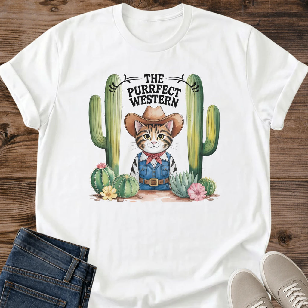 Casual Comfort Shirt Funny Cat Graphic Western Cowboy Design Tee Humorous Fashion Statement Cat Lover Apparel Novelty Gift Collection Bold Print Design Everyday Wear Choice Comfortable Cotton Blend Unique Style Statement Birthday Gift Idea