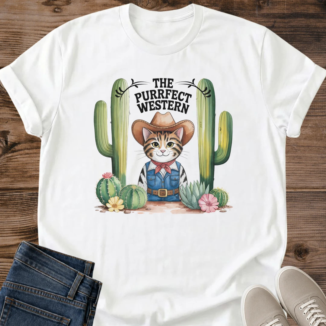 Casual Comfort Shirt Funny Cat Graphic Western Cowboy Design Tee Humorous Fashion Statement Cat Lover Apparel Novelty Gift Collection Bold Print Design Everyday Wear Choice Comfortable Cotton Blend Unique Style Statement Birthday Gift Idea
