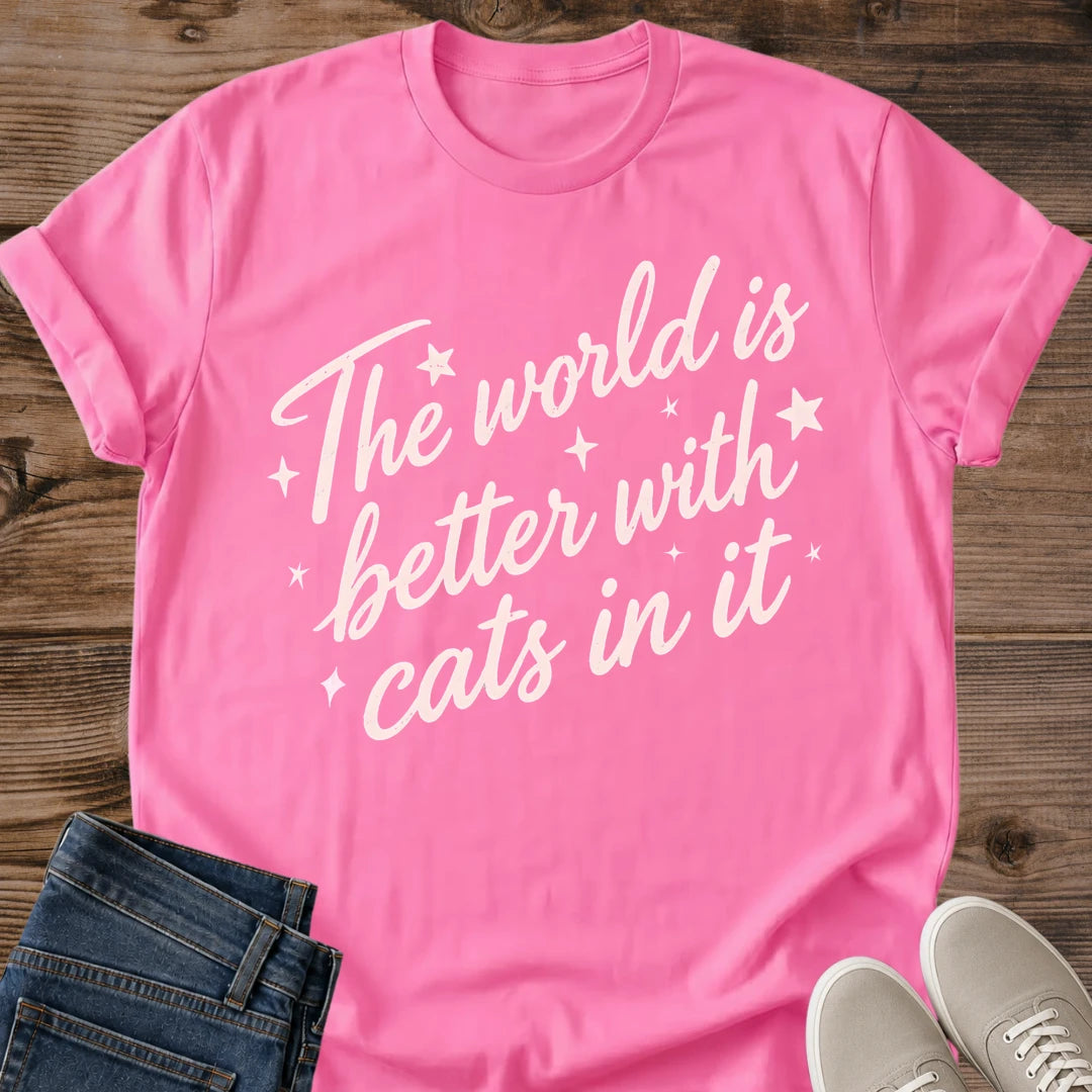 Vintage Cat Lover Tee World Is Better With Cats In It Script Design Cotton Cat Mom Gift Shirt Sweet Aesthetic Softstyle Ring Spun Fabric Relaxed Retail Fit Casual Weekend Layering Statement Piece Everyday Wear For Home