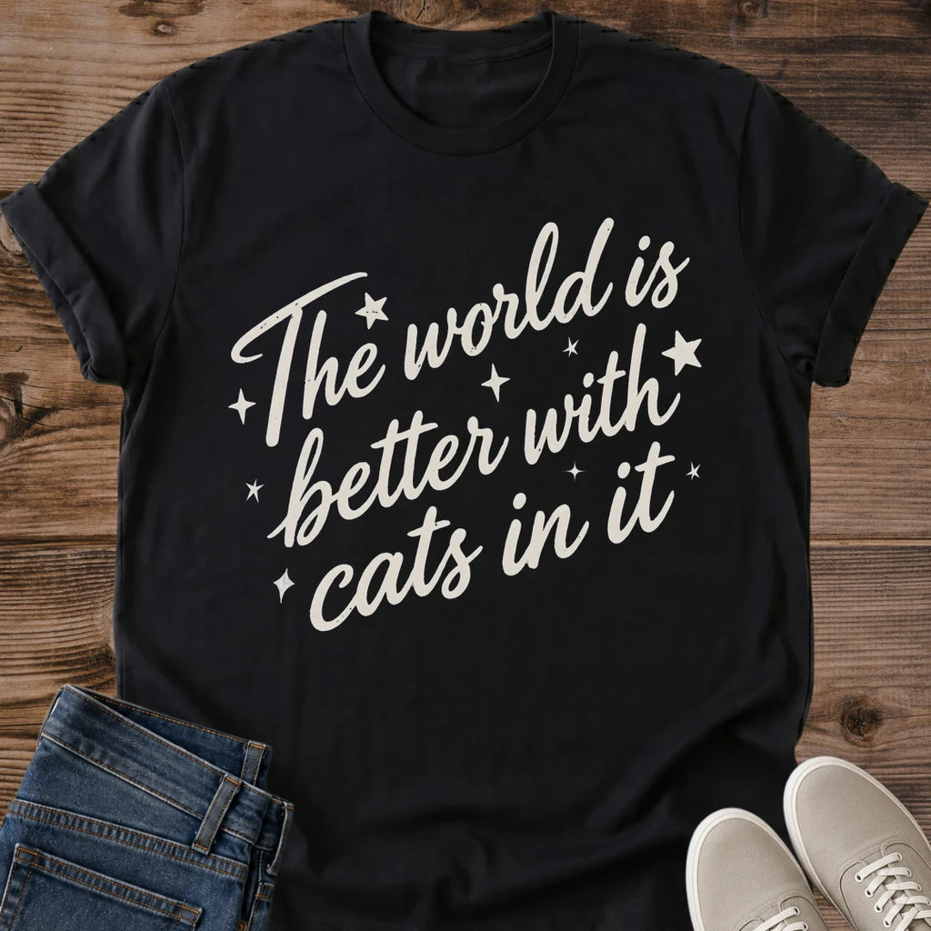 Cat Lover Quote Tee World Is Better With Cats In It Script Design Gift For Her Softstyle Cotton Comfortable Relaxed Fit Casual Weekend Wear Minimal Print Cat Mom Statement Apparel Everyday Layering Piece For Fun