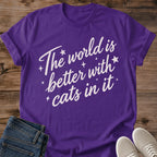World Is Better With Cats Shirt Sweet Script Cat Lover Tee Gift Idea Softstyle Ring Spun Cotton Relaxed Fit Everyday Casual Wear Minimal Print Cat Owner Apparel Statement Piece Lightweight Layering For Home